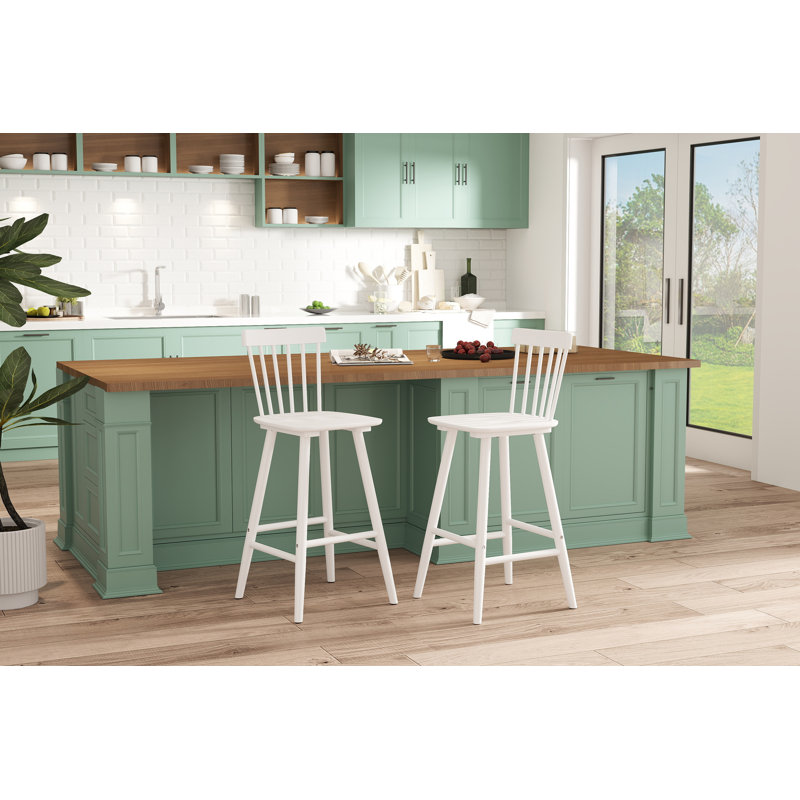 Tabouret de comptoir à dossier en lattes de bois massif de 38,5 po (ensemble de 2), Blanc