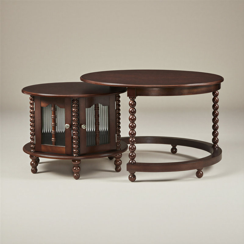 Table basse gigogne ronde de 31,5 po de diamètre, portes en verre à motif rétro, pieds en forme de bambou
