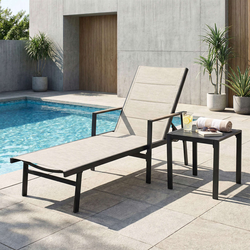 2-Piece Outdoor Aluminum Chaise Lounge and Side Table Set with 3D Double-Layer Textilene