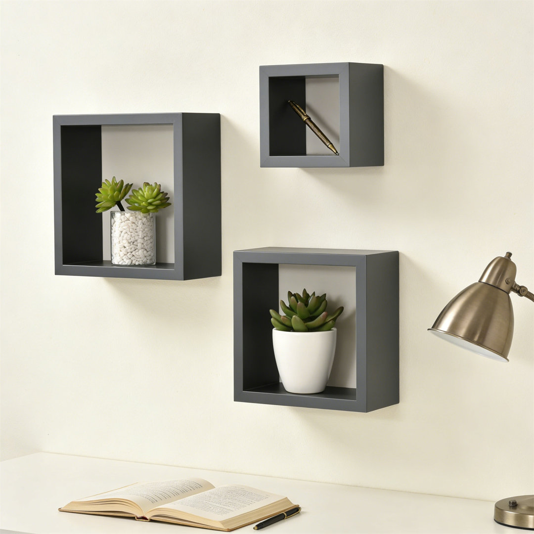 Wall Floating Cube Box Shelves Set Of 3, Grey Wooden Wall Mounted Shelves For Bedroom Living Room Kitchen Decorative Display Furniture