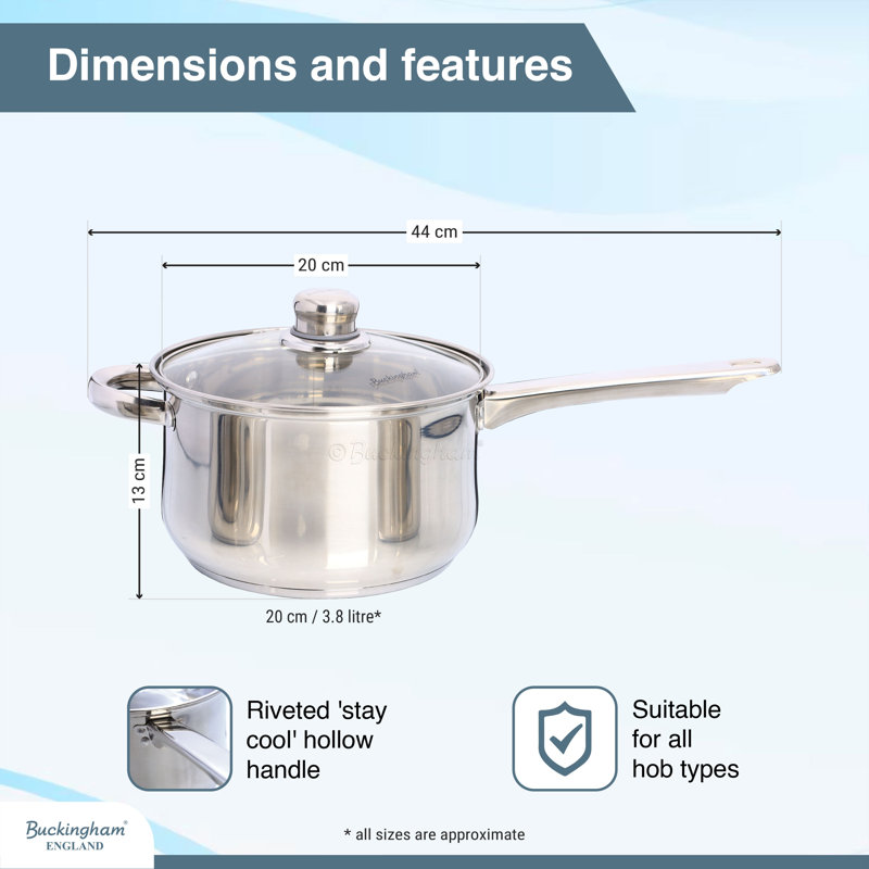 Buckingham Stainless Steel Deep Saucepan with Glass Lid Induction Compatible 20 cm 3.8 Litres  