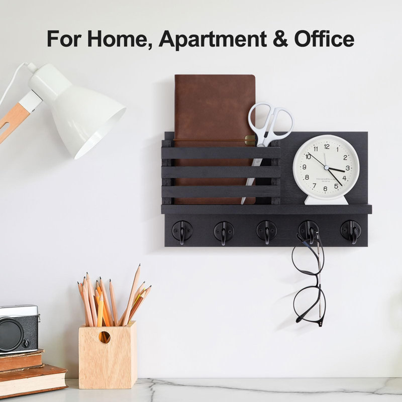 Decorative Wooden Mail Holder and Key Shelf with Mounting Hardware, Black
