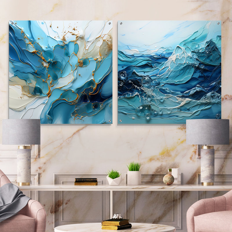 «Blue and White Glacier Charm», ensemble de 2 peintures murales abstraites en acrylique, H 16 po x l 33 po