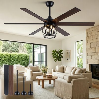 60" Farmhouse Large 6-Blade Black Caged Ceiling Fan with Lights and Remote Control, Reversible DC Motor, 6 Speeds,Timer, 5''/10''/15'' Downrods