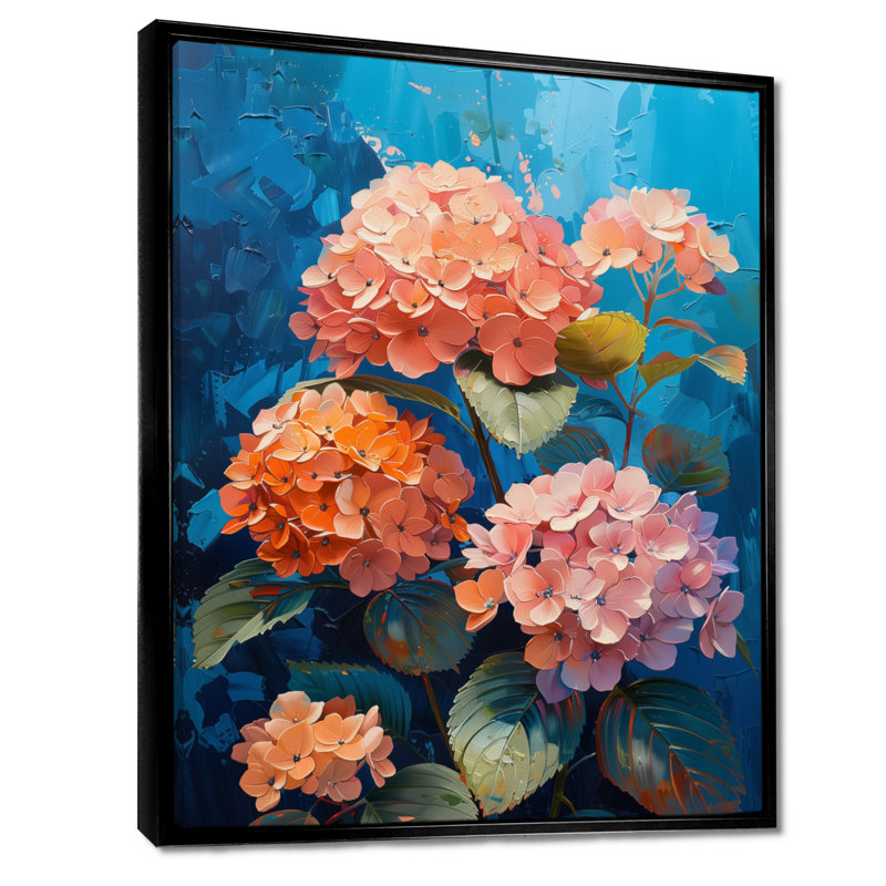 Rose et bleu hortensia qui fleurit en été I - impression d'art mural hortensia, H 34 po x l 44 po, Cadre flottant noir