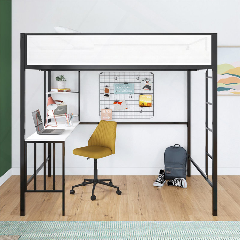Lit mezzanine avec bureau et tablettes, Lit double