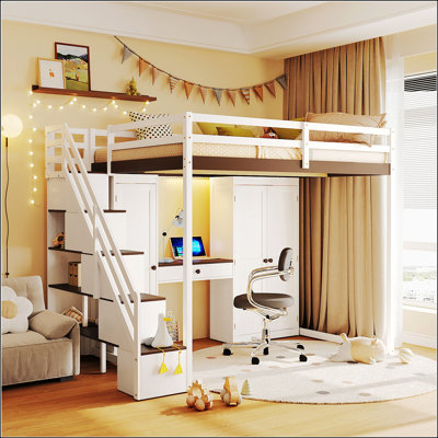 Full Size Loft Bed With Storage Staircase, Built-In Dressing Table, Wardrobe, And Cabinets, USB Charging Ports And Lights
