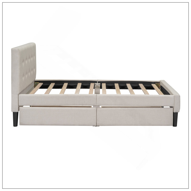 Twin Size Upholstered Platform Bed With 2 Drawers, Beige