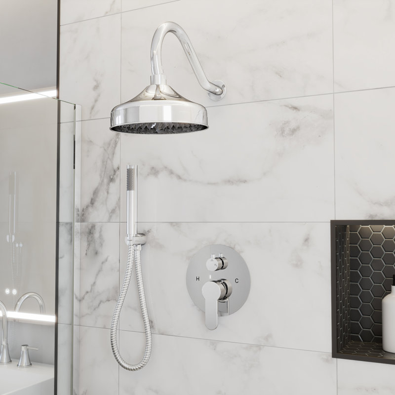 Harmony Rainfall Shower Set with round showerhead, round valve, and Wand Handshower, Chrome, Chrome