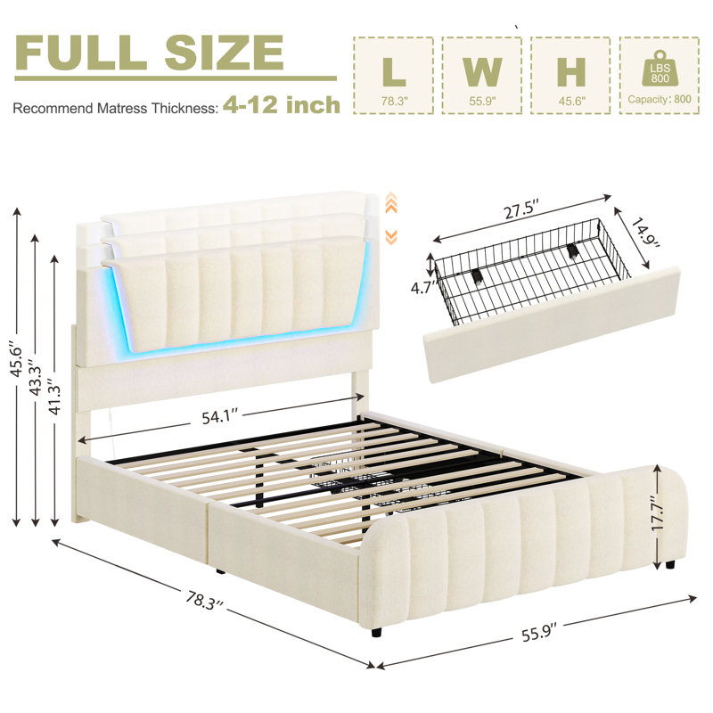 Upholstered Platform Bed With Adjustable Headboard And 4 Storage Drawers, Blanc, Double
