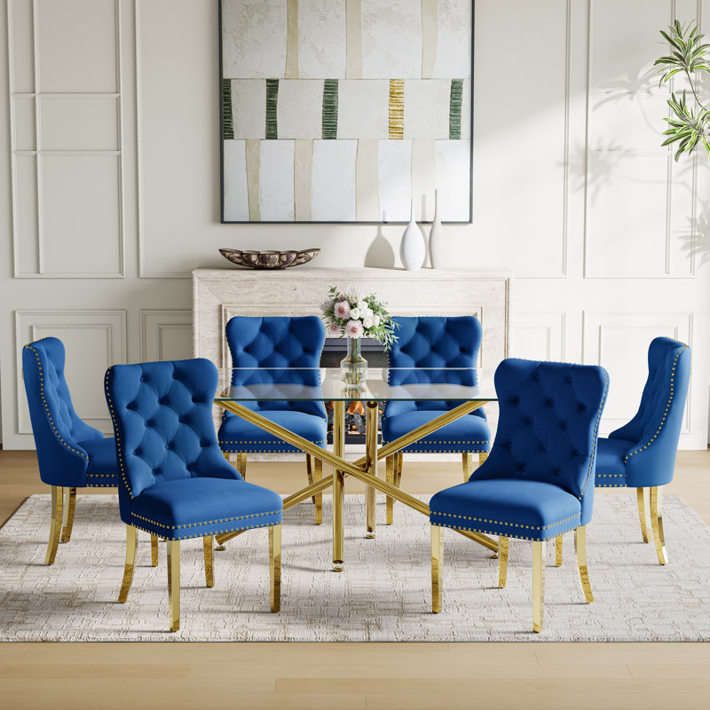7-Piece Modern Dining Set – Rectangular Glass Table With Mirrored Metal Base & 6 Velvet Upholstered Chairs, Gold/Blue, Gold