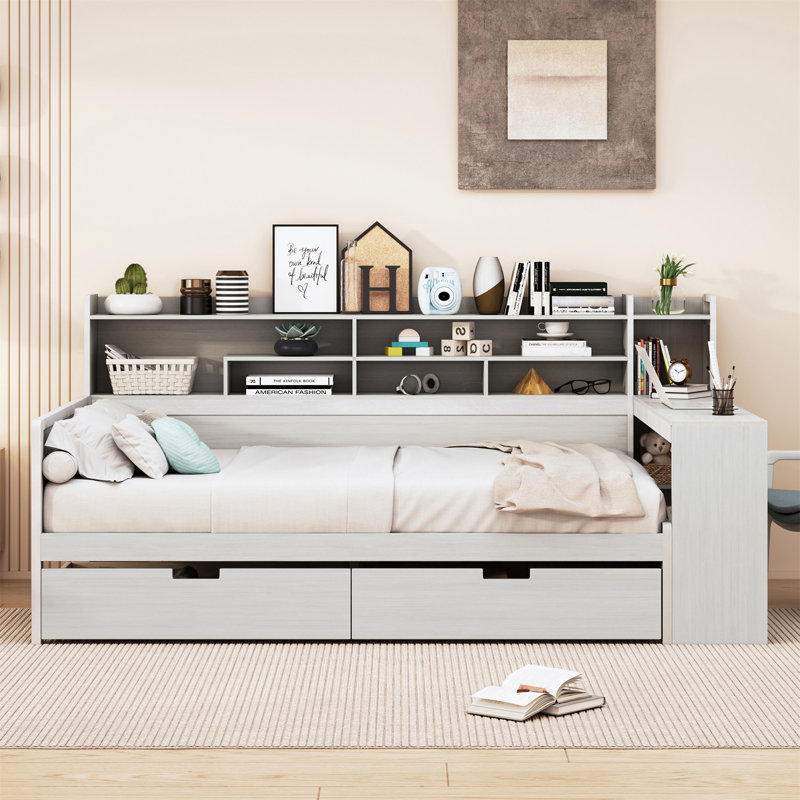 Lit de jour en bois avec tablettes de rangement, lit multifonctionnel, Complet/Double, Gris