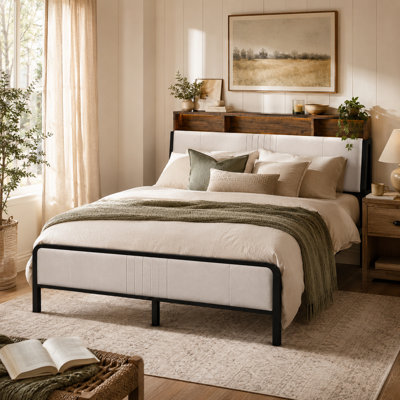Modern Upholstered Queen Bed Frame With Led Headboard & Storage