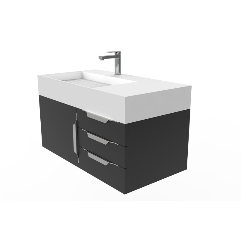 Ensemble de meuble-lavabo mural simple 36 po Bassi, Blanc, Noir, Nickel brossé
