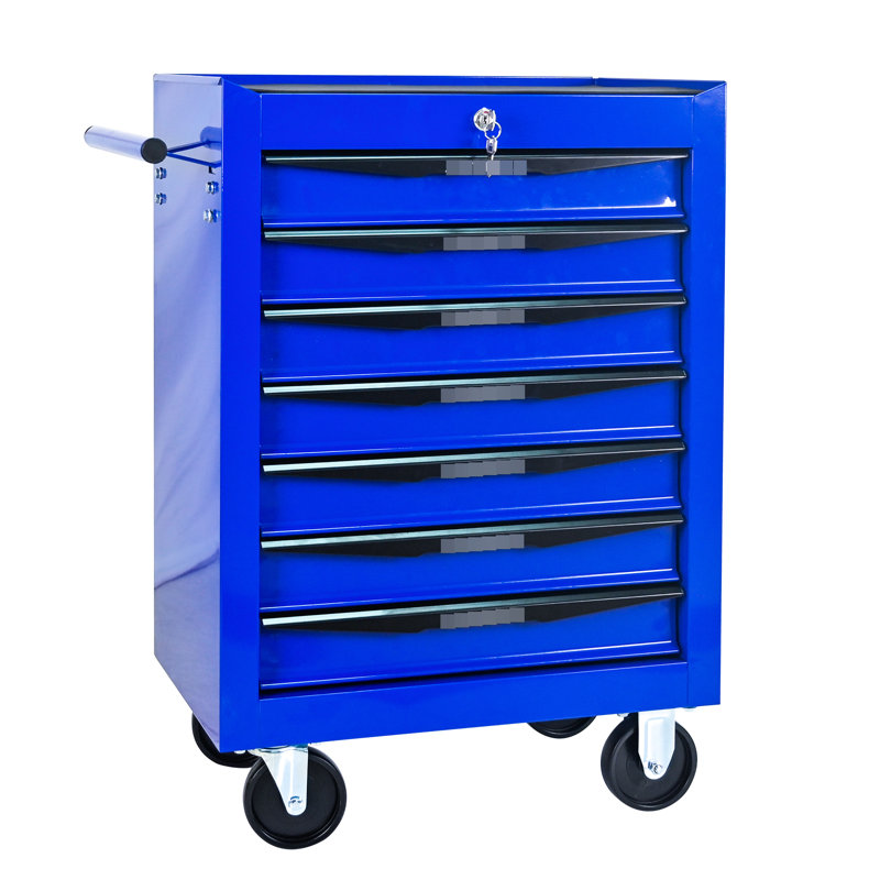 Coffre à outils 20 po 7 po, chariot roulant en acier avec glissières de tiroir à roulement, noir et bleu, verrouillage par clé, 4 roulettes universelles pour chariot d'atelier d'organisation de garage, matériau métallique, mécanisme de verrouillage