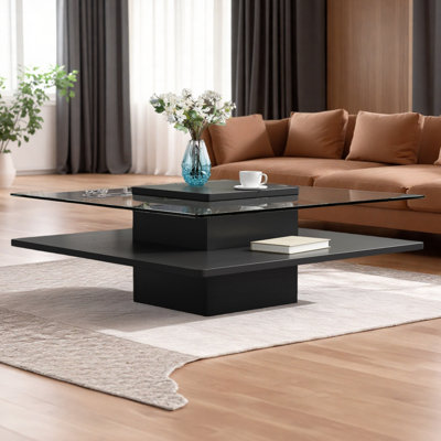 Table basse moderne carrée avec plateau en verre trempé transparent et tablette de rangement