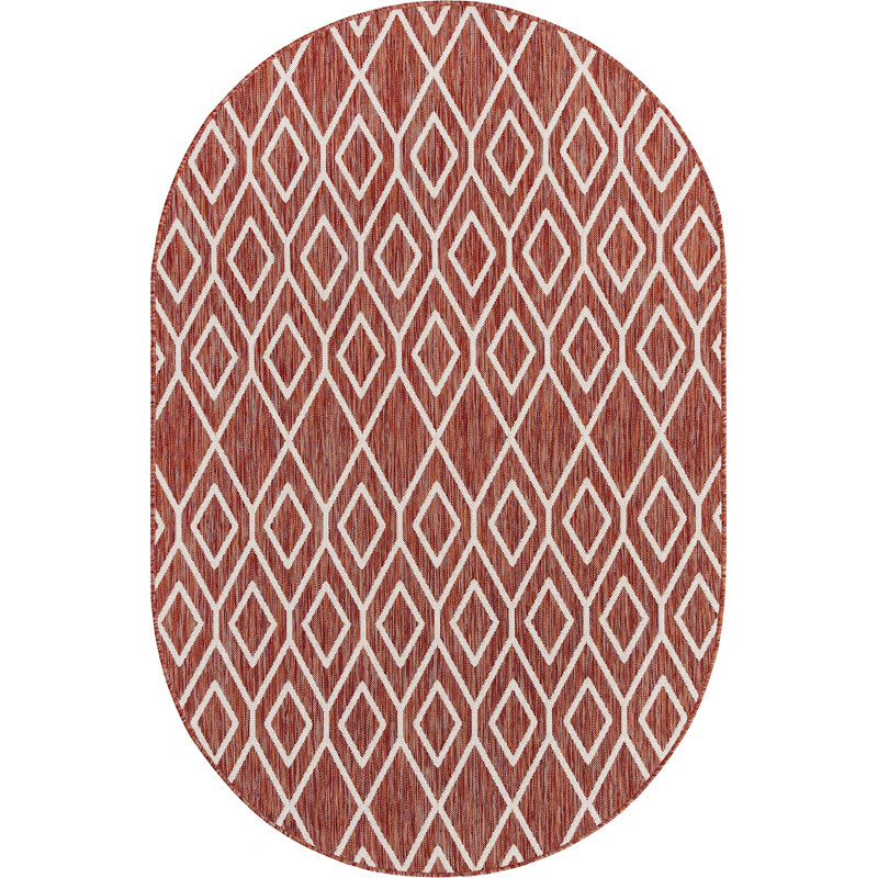 Yettem Abstract Indoor / Outdoor Rug, Oval 5'3" x 8', Rust Red