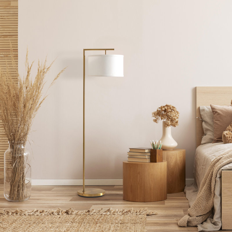 Lampe sur pied à DEL dorée 60 po Montage avec abat-jour tambour en tissu blanc, ampoule incluse, Blanc, Doré