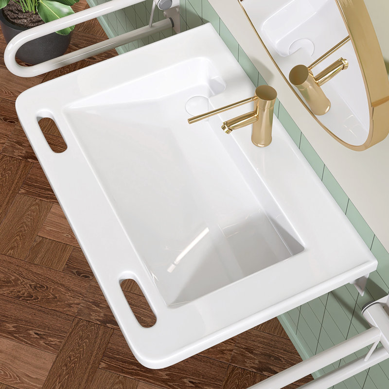 Évier rectangulaire en céramique à fixation murale de 31 po de longueur x 20 po avec support à main intégré équipé d'un trop-plein blanc