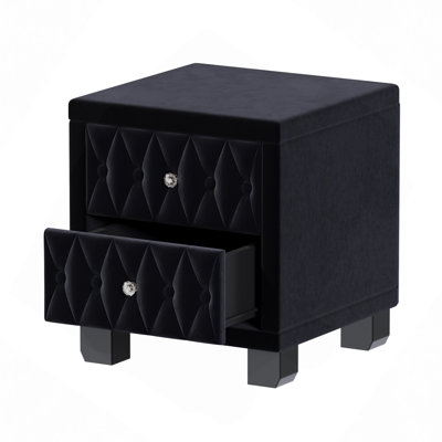 Velvet Nightstand With 2 Drawers And Crystal Handle, Storage Bedside Table With Button-Tufted