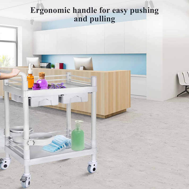 Chariot utilitaire roulant professionnel à 2 niveaux avec 2 tiroirs verrouillables, hauteur réglable, roues silencieuses avec système de verrouillage, chariot mobile robuste en ABS pour clinique médicale, salon de coiffure, spa et toilettage d'animaux.