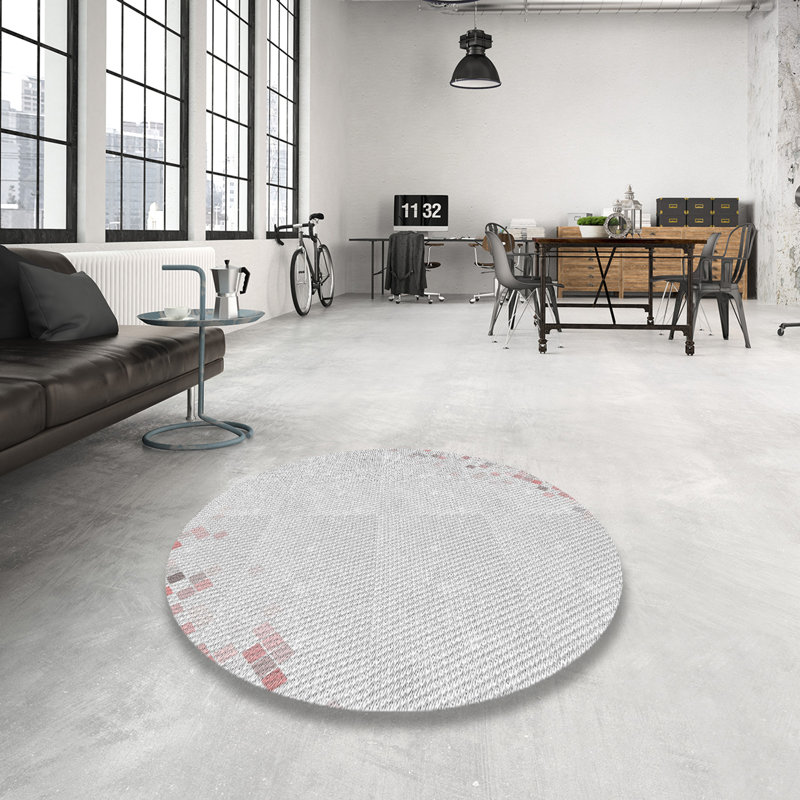 Tapis gris/zone rose à motifs, Rond 5 pi