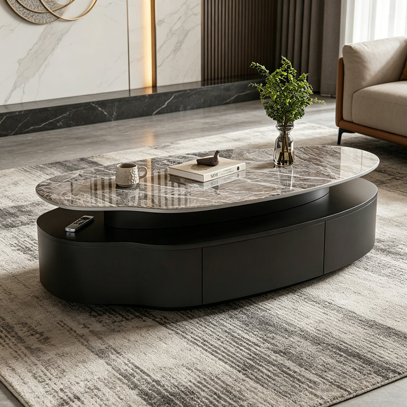 Table basse moderne et simple, Gray/Black, Marble, 13.18" H x 39.37" L x 19.68" W