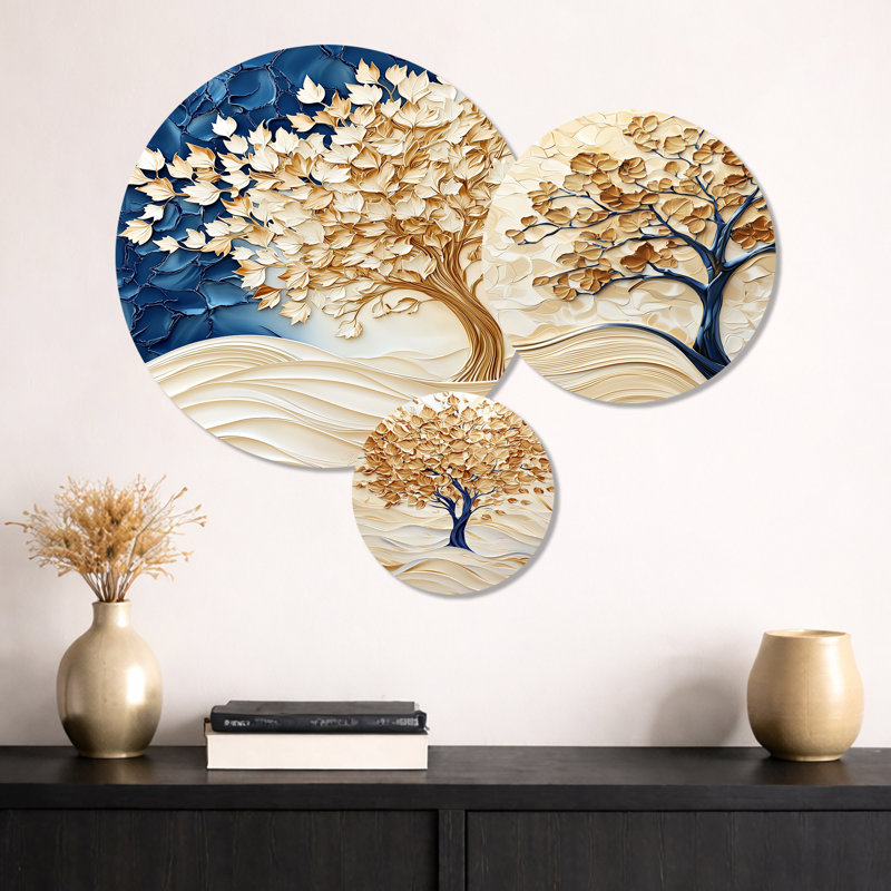 Essence d'arbre érable doré doré - ensemble d'art mural en métal érable 3 pièces