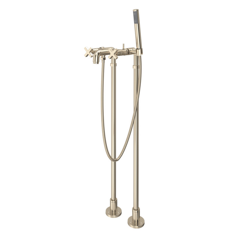 Lombardia Floor Mount Tub Filler, Satin Nickel, Cross Handle