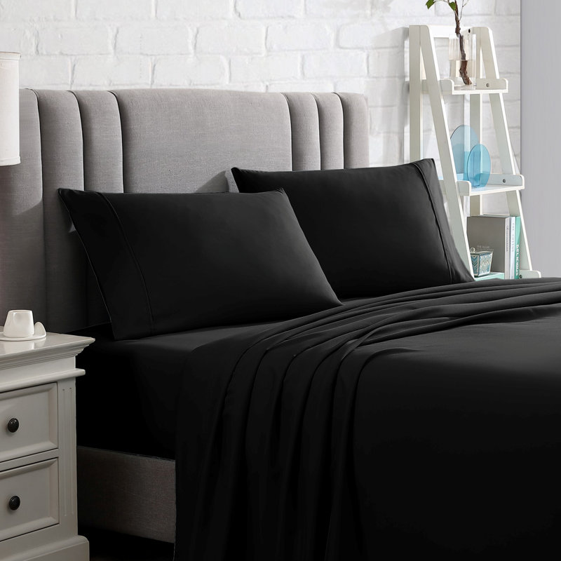 Ensemble de draps en microfibre ultra doux, Noir, Ensemble de draps pour lit double + drap-housse + 