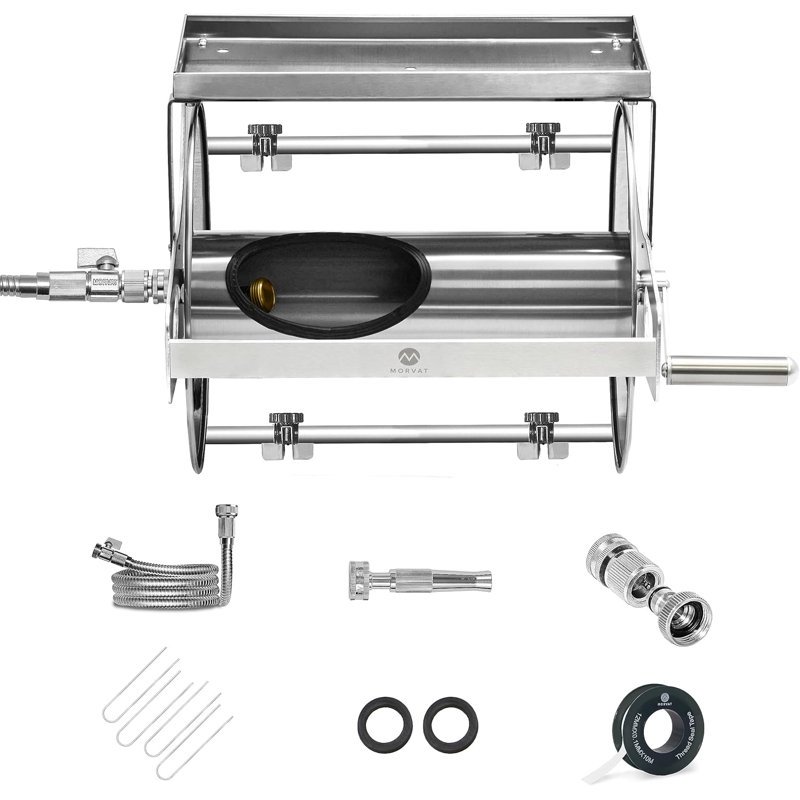 Stainless Steel Wall-Mount Hose Reel with Crank and Shelf