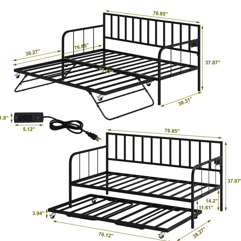 Space - Saving Twin Daybed With Trundle, Black Metal Bed Frame, Corrosion And Robust, Under Storage, Fits Different Room Designs Nicely, Fast Assembly Effort Stable, Blends Well Decor, Effortless