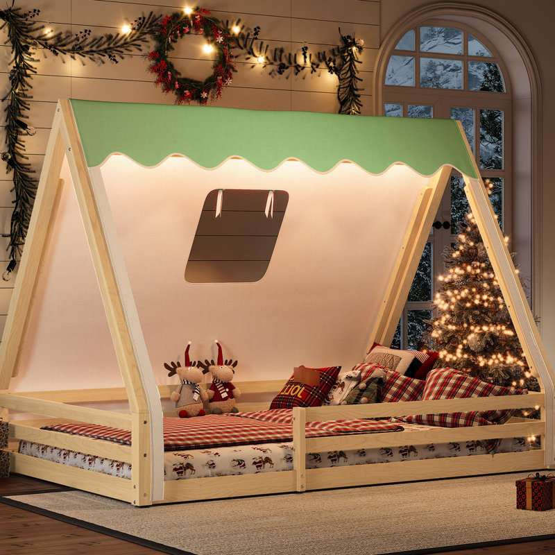 Lit double pleine grandeur avec tente et cadre en lin, Lit double, Naturel