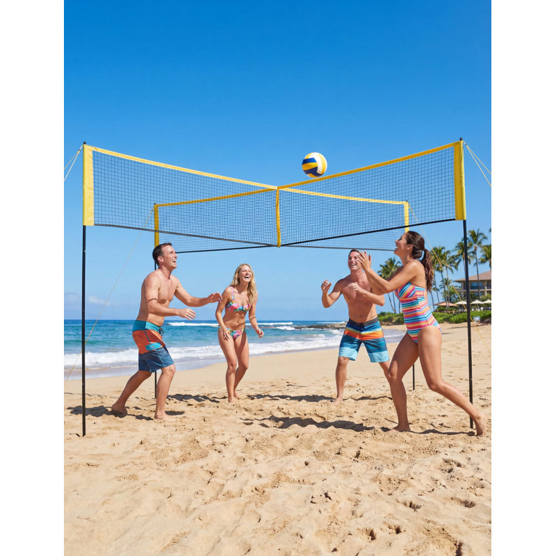 Filet de volley-ball à quatre carrés jaune, hauteur réglable, avec filet en polyéthylène double épaisseur et poteaux en fer de 0,8 mm. Hauteur ajustable de 1,52 m à 2,41 m pour jouer dans le jardin, sur la plage ou la pelouse.