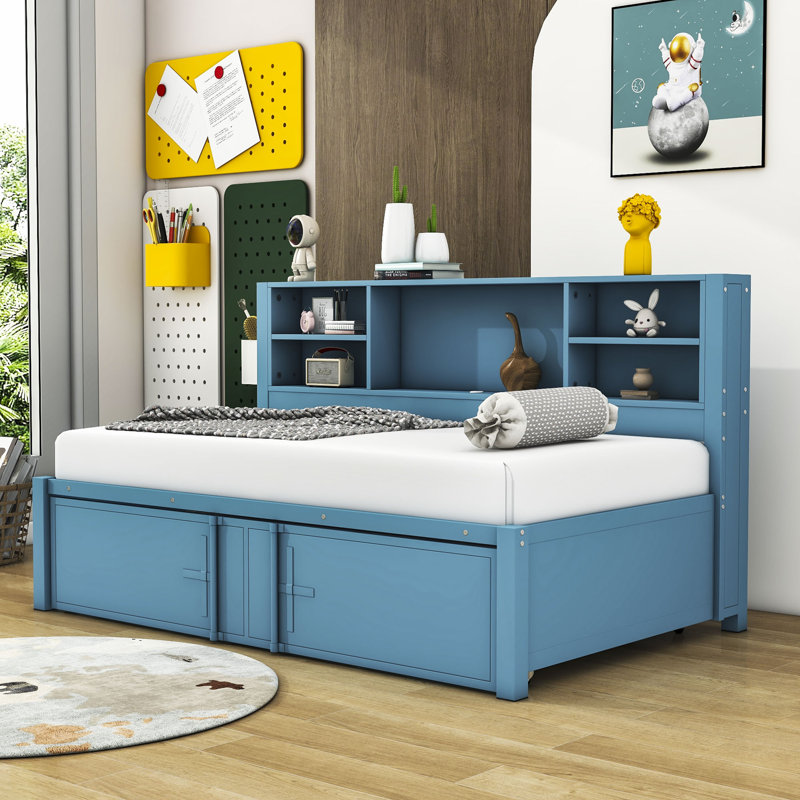 Ailiana Twin Size Metal and Wood Daybed with Twin Size Trundle, Storage Shelves and USB Ports, Blue