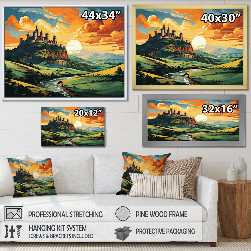 Châteaux verts et orange en Italie - Châteaux, art mural, Cadre de coin argenté fermé, H 16 po x l 32 po x P 1 po