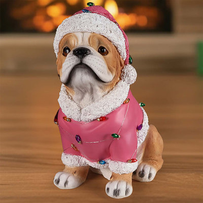 Adorable Christmas Pug Statue in Pink Santa Outfit, Perfect for Festive Holiday Decor and Cheerful Displays