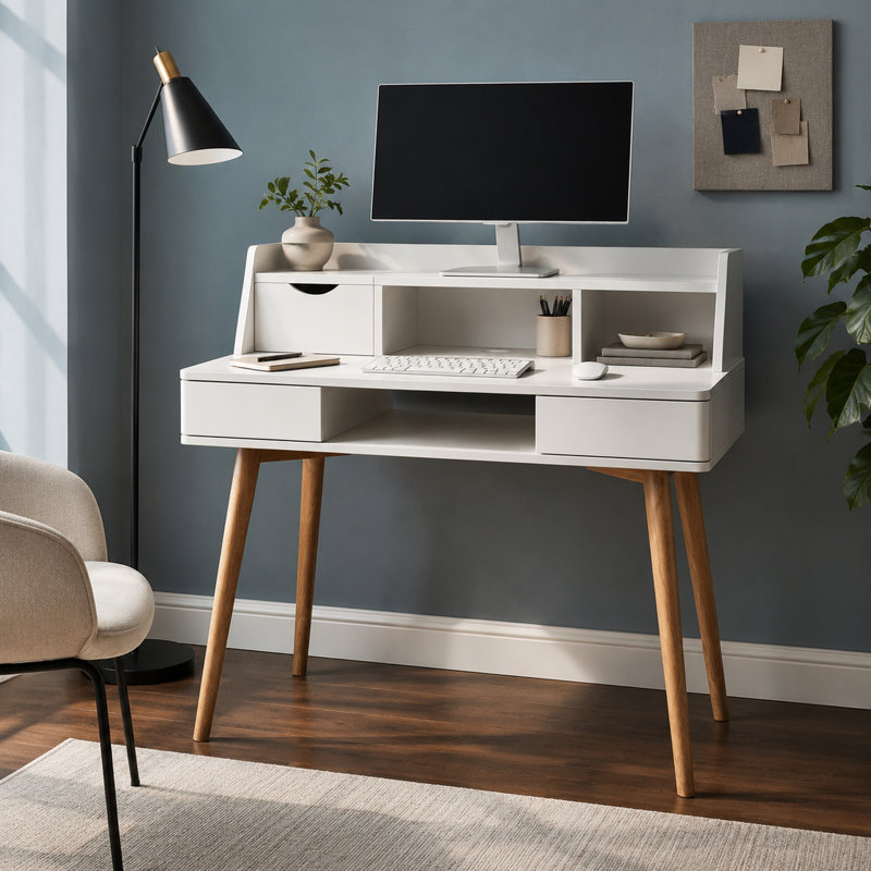 Parmley Modern Wooden Writing Compact Home Office Study Desk with Hutch, Drawers, and Open Storage, WhiteWhite/Natural