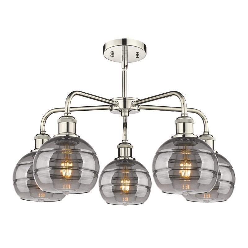 Chartoff 5 - Light Steel Dimmable Round / Oval Chandelier, 13.38" H x 23.88" W x 23.88" D, Polished Nickel, Light Smoke