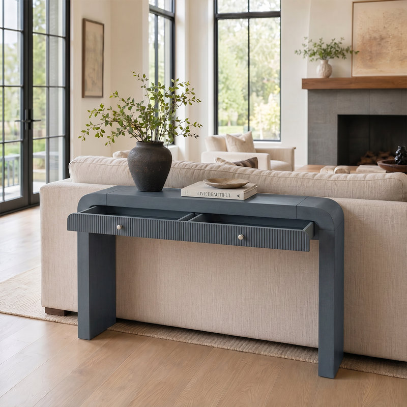 Rustic Charm Console Table With Fluted Drawer & Adjustable Legs - Perfect For Living Room Decor, Navy