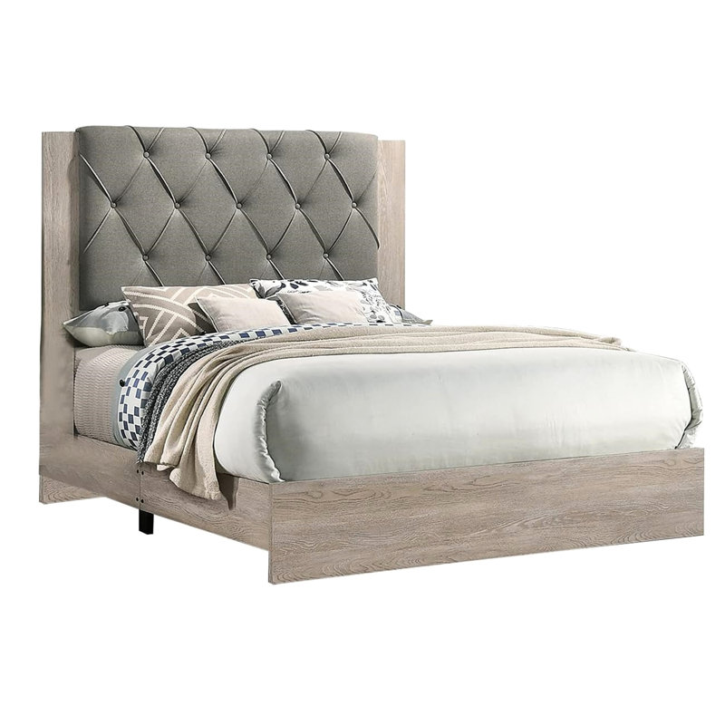 Lit très grand contemporain avec finition crème et tête de lit grise, Crème/gris
