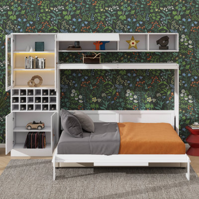 Lit escamotable mural avec bibliothèque intégrée USB et éclairage