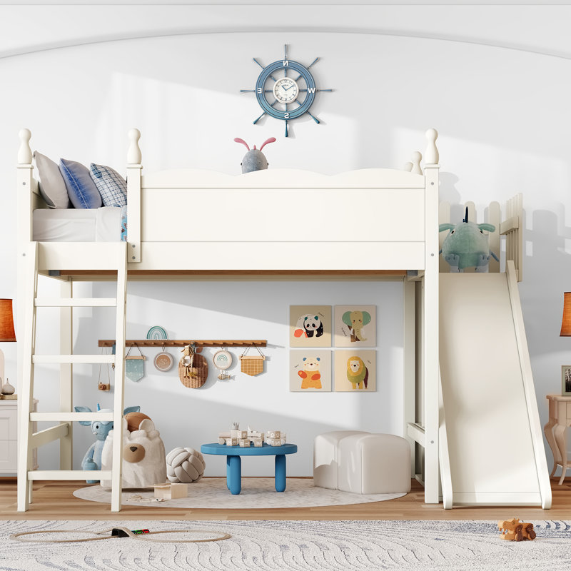 Full Solid Wood Loft Bed with Storage, Wardrobe, Detachable Slide & Ladder, Beige, Beige, Full