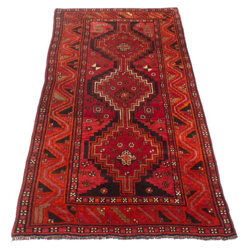 Tapis de couloir unique en laine noué à la main de style années 2000 4 pi 2 po x 8 pi 10 po en rouge / bleu marine foncé / beige Anieyah