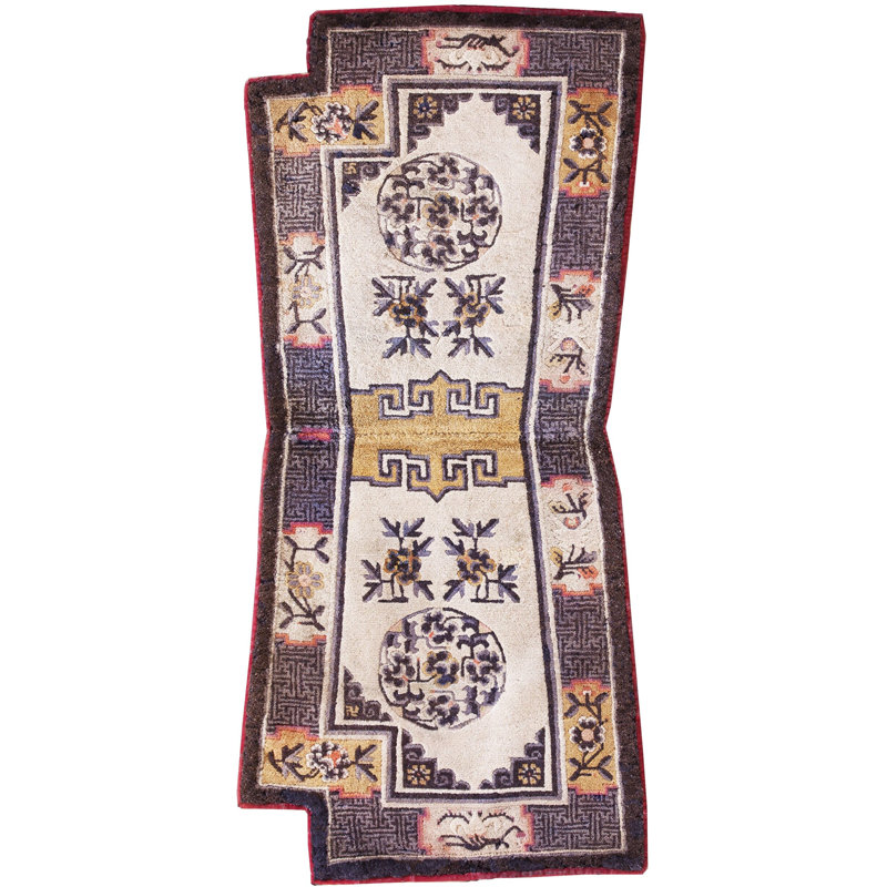1930s Chinese Geometric Medallion Hand Knotted Pile Ivory Beige Cream White Antique Wool Rug