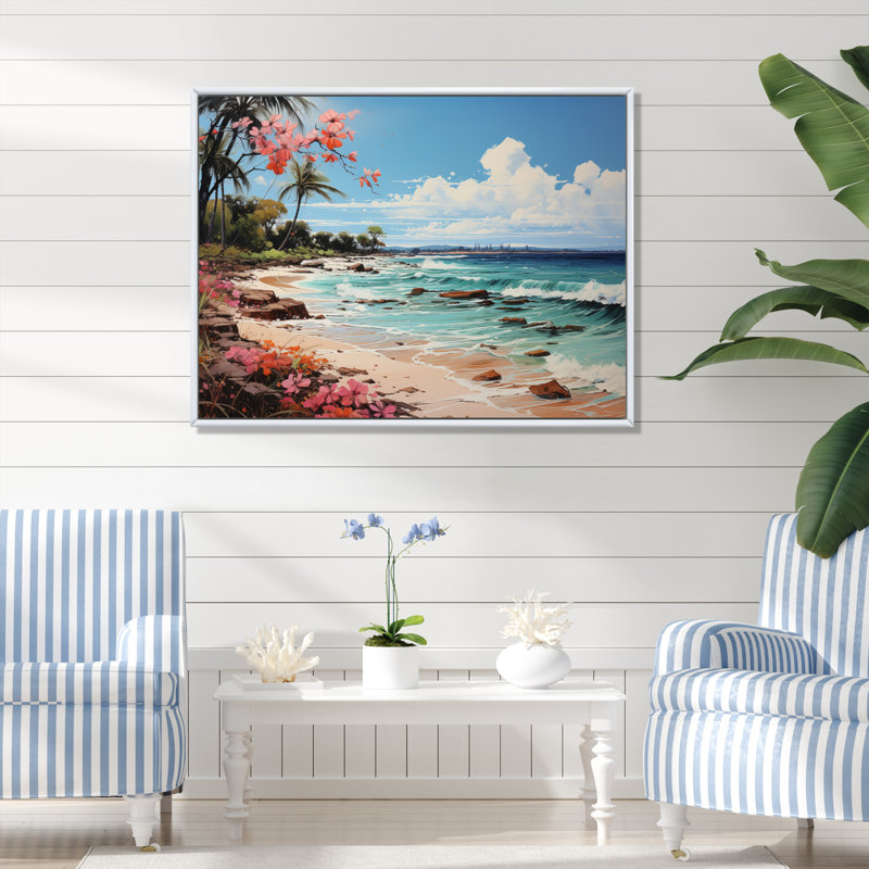 Beach Tropical Paradise Pointillism II - Nautical & Beach Canvas Prints, 30" H x 40" W, Cadre flottant blanc