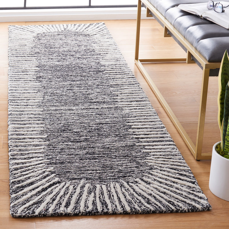 Janyla Hand Tufted Wool/Cotton Abstract Rug in Black/Ivory, Runner 2'3" x 10'