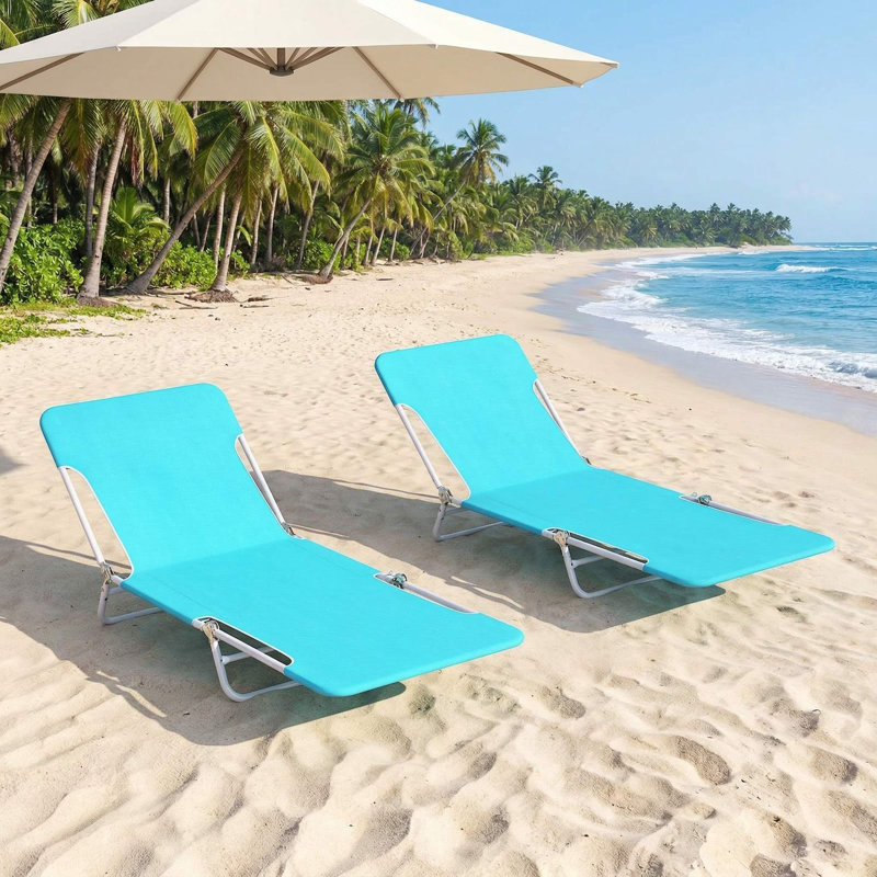 Set Of 2 5 Position Lay Flat Portable Beach Recliners With Carry Strap And Sturdy Metal Frame For Beach Poolside Camping Use
