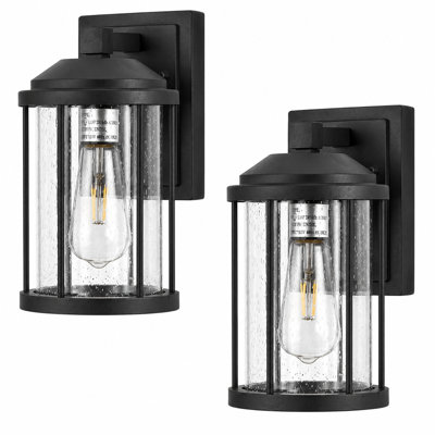 Applique murale d'extérieur 2 lumières pour garage de véranda, noir avec verre bullé, base E26