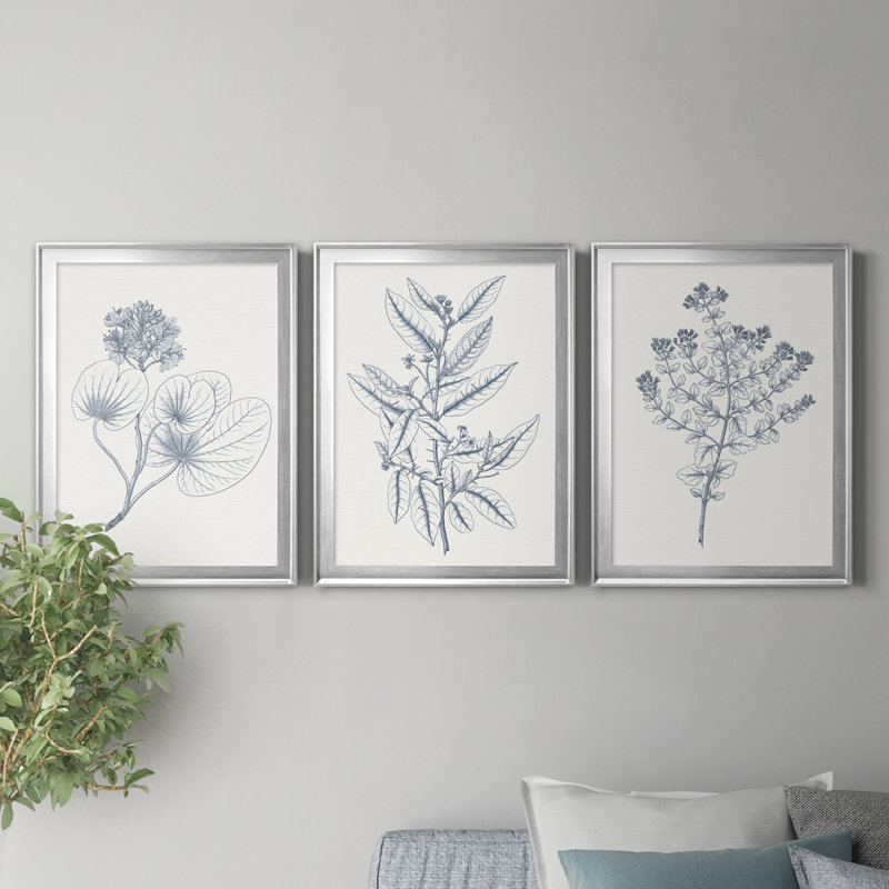 Indigo Botany Study IV - Ensemble de 3 peintures sur toile encadrées, Argent, H 30,5 po x l 127,5 po x P 4,5 po